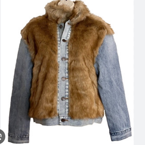 NWT Levi's Faux Fur Oversized Trucker Jacket 90's Denim Rock Retro Hippie Large - Picture 1 of 7